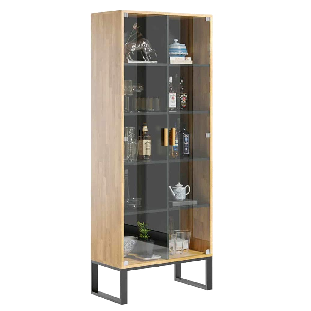 Vitrine minimaliste en verre avec côtés en bois. 80cm de large