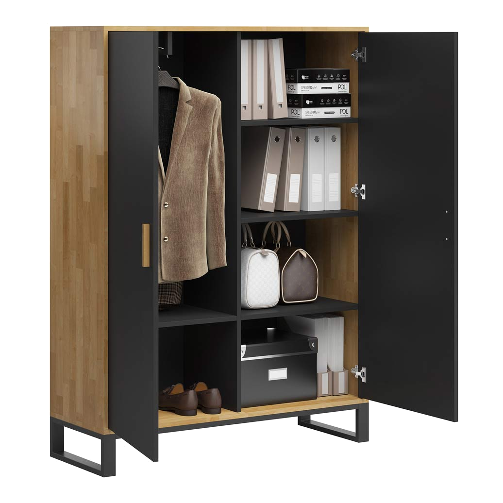 Zweitüriger Garderoben- und Aktenschrank mit schwarzer Front – Loft Office – Massivholz Büromöbel