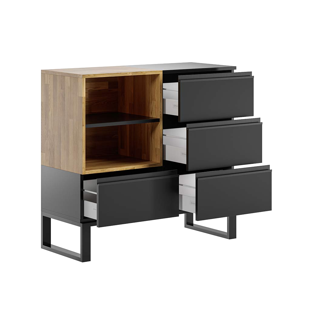 Schwarze Kommode mit Schubladen und offenen Fächern – Loft Office – Massivholz Büromöbel